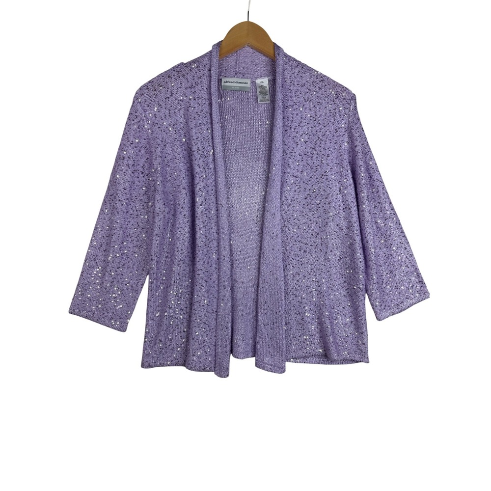 Alfred Dunner Petite Women's Cardigan Knit Sweater Purple Sequin Size PXL
